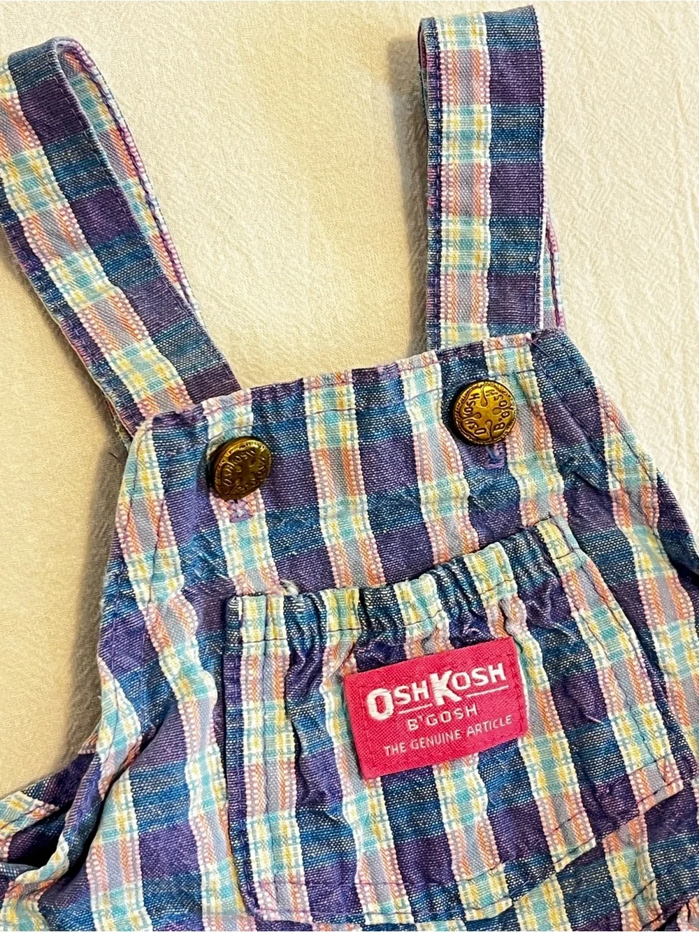 Vintage OshKosh B’Gosh 90s Plaid Overalls Baby USA Made Pink Blue Snap Romper
